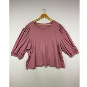 Cottagecore a.n.a Women 2X Mauve Pink Puff Sleeve Slub Cotton Crew Neck Tee